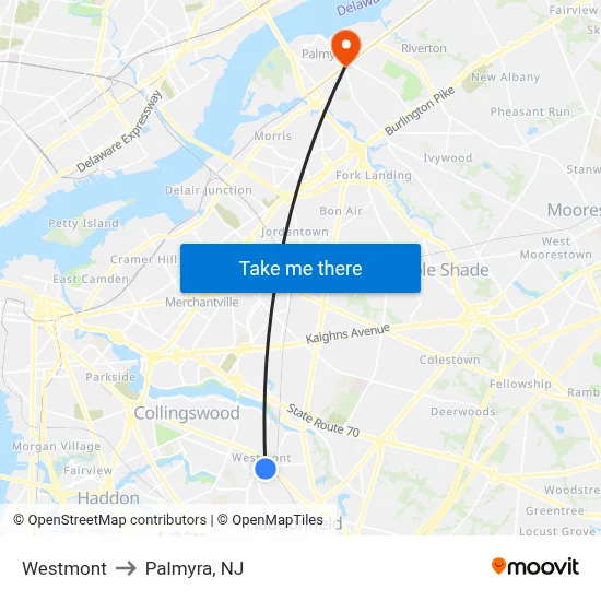 Westmont to Palmyra, NJ map