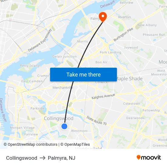 Collingswood to Palmyra, NJ map