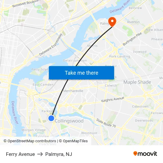 Ferry Avenue to Palmyra, NJ map