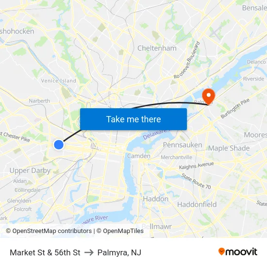 Market St & 56th St to Palmyra, NJ map