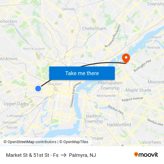 Market St & 51st St - Fs to Palmyra, NJ map