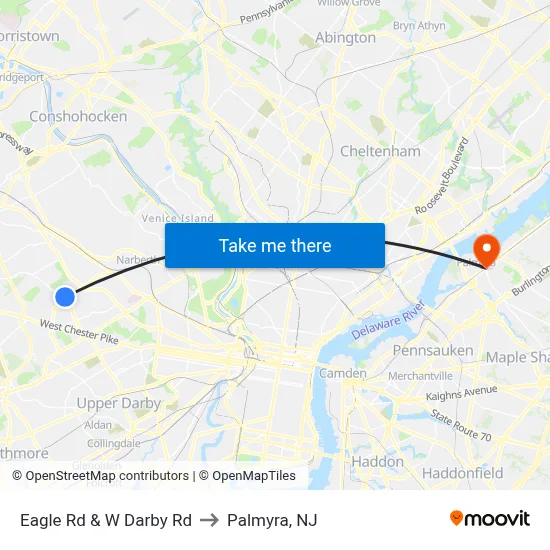 Eagle Rd & W Darby Rd to Palmyra, NJ map