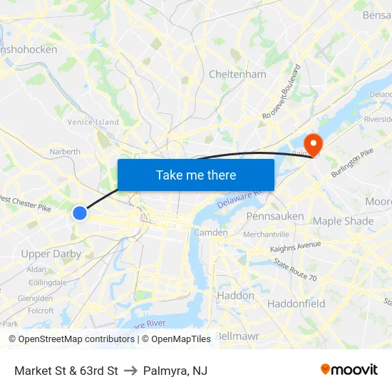 Market St & 63rd St to Palmyra, NJ map