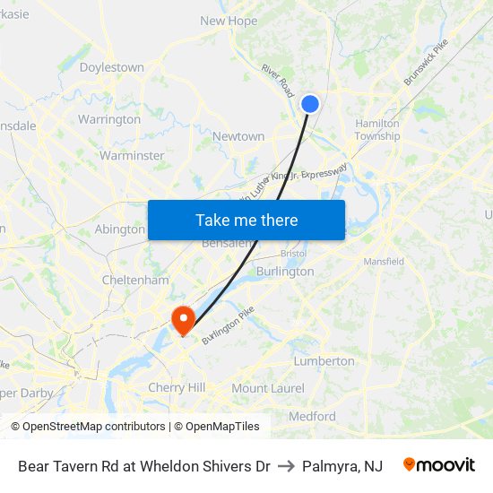 Bear Tavern Rd at Wheldon Shivers Dr to Palmyra, NJ map
