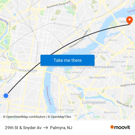 29th St & Snyder Av to Palmyra, NJ map