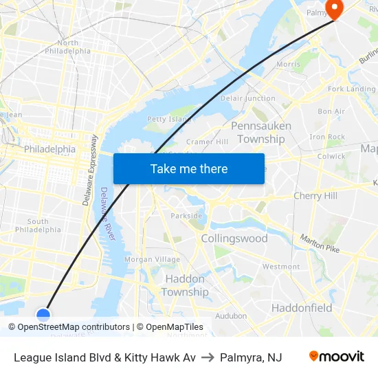 League Island Blvd & Kitty Hawk Av to Palmyra, NJ map