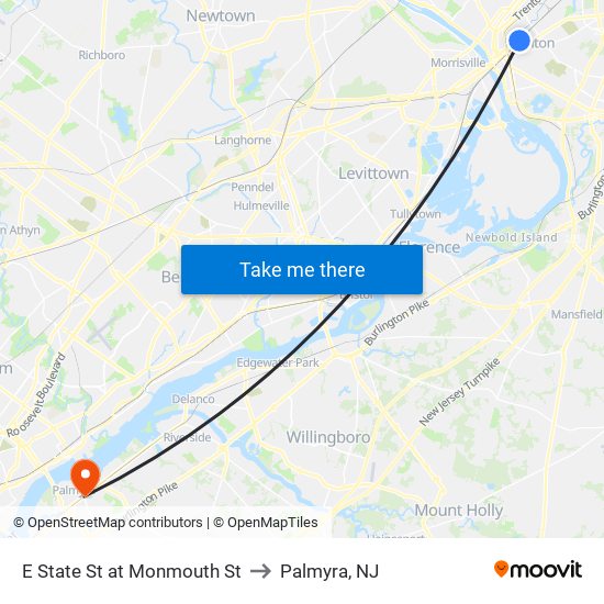 E State St at Monmouth St to Palmyra, NJ map