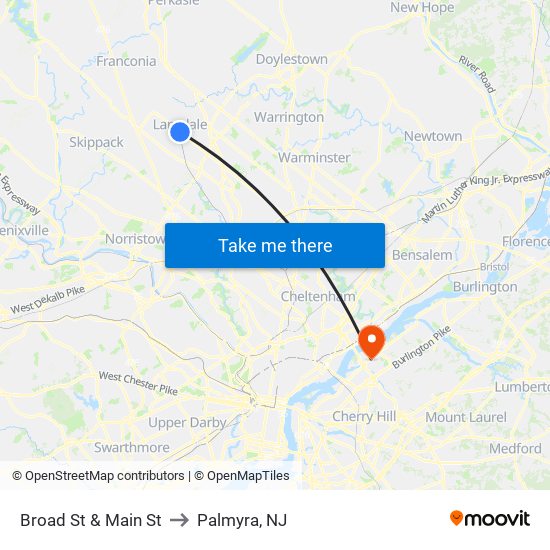 Broad St & Main St to Palmyra, NJ map