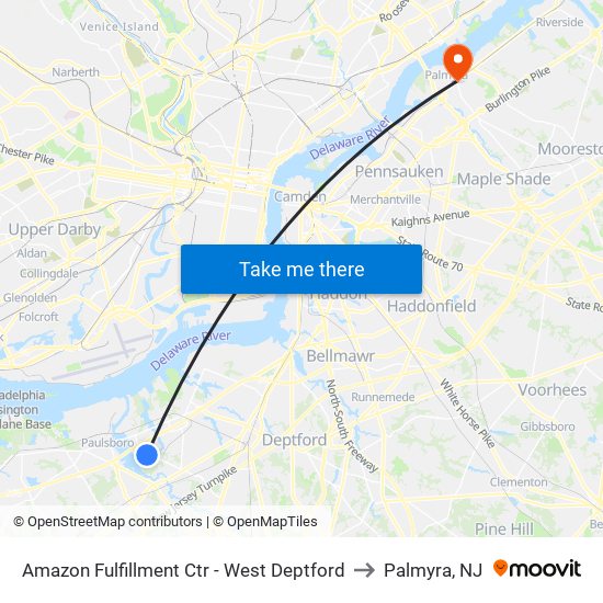 Amazon Fulfillment Ctr - West Deptford to Palmyra, NJ map