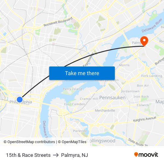 15th & Race Streets to Palmyra, NJ map