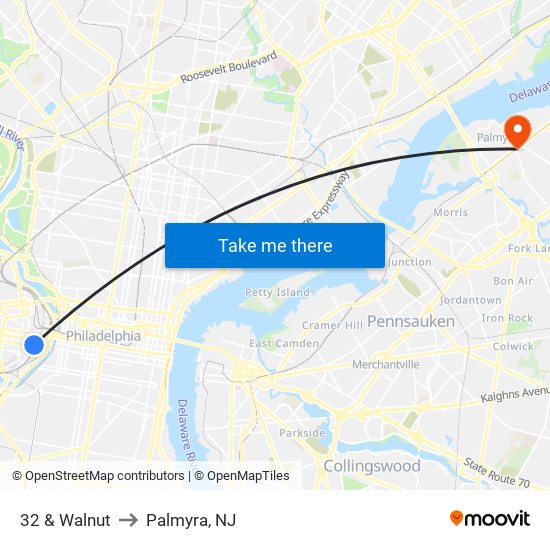 32 & Walnut to Palmyra, NJ map