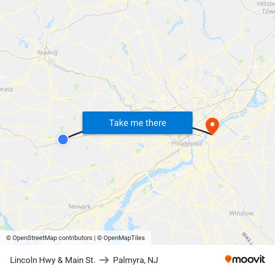 Lincoln Hwy & Main St. to Palmyra, NJ map