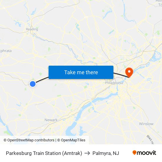 Parkesburg Train Station (Amtrak) to Palmyra, NJ map