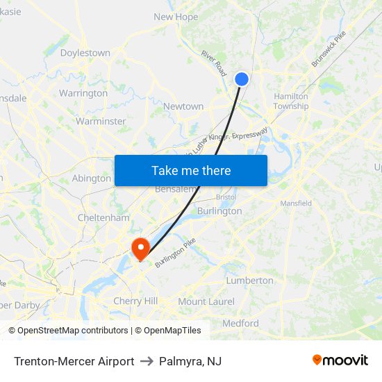 Trenton-Mercer Airport to Palmyra, NJ map