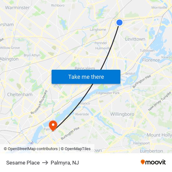 Sesame Place to Palmyra, NJ map