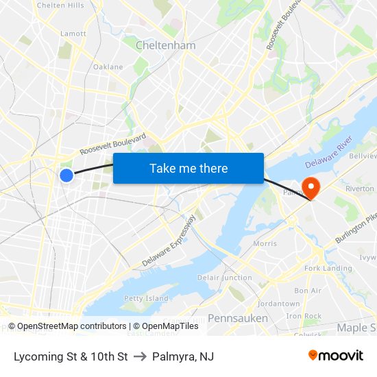 Lycoming St & 10th St to Palmyra, NJ map