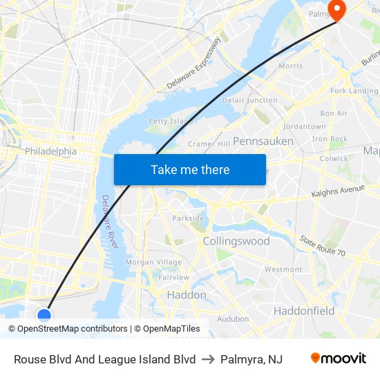 Rouse Blvd And League Island Blvd to Palmyra, NJ map