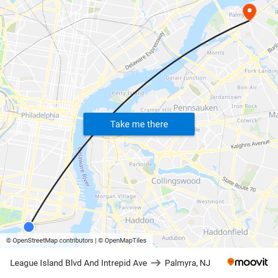 League Island Blvd And Intrepid Ave to Palmyra, NJ map