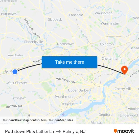 Pottstown Pk & Luther Ln to Palmyra, NJ map