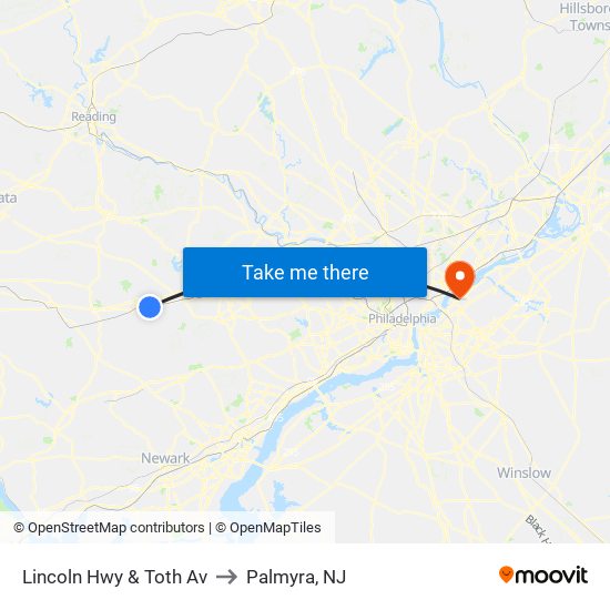 Lincoln Hwy & Toth Av to Palmyra, NJ map