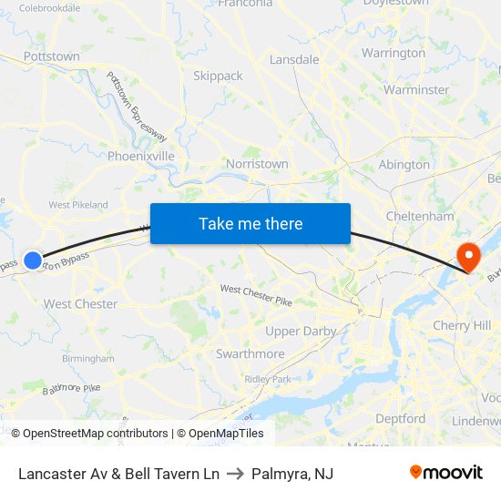 Lancaster Av & Bell Tavern Ln to Palmyra, NJ map