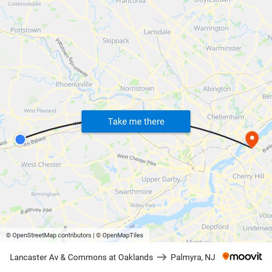 Lancaster Av & Commons at Oaklands to Palmyra, NJ map