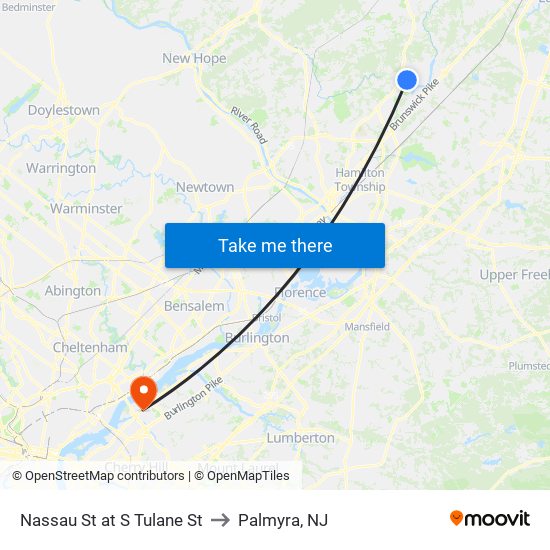Nassau St at S Tulane St to Palmyra, NJ map