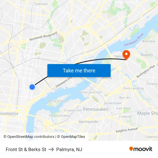Front St & Berks St to Palmyra, NJ map