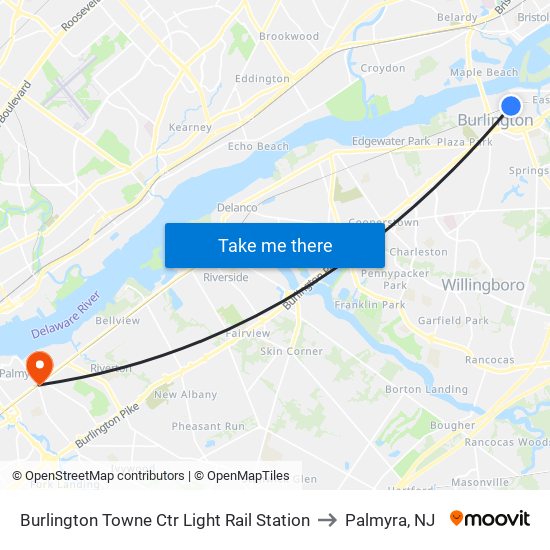 Burlington Towne Ctr Light Rail Station to Palmyra, NJ map