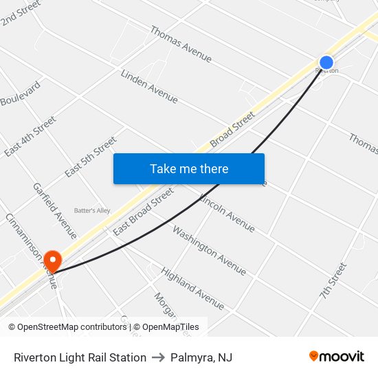 Riverton Light Rail Station to Palmyra, NJ map