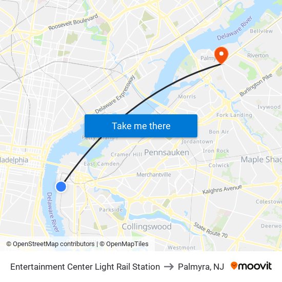 Entertainment Center Light Rail Station to Palmyra, NJ map