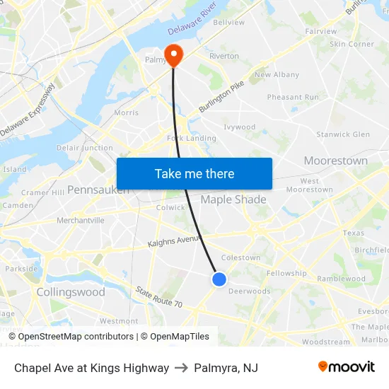 Chapel Ave at Kings Highway to Palmyra, NJ map