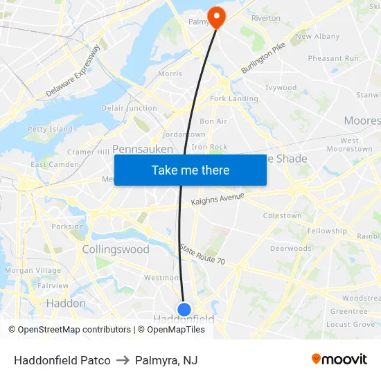 Haddonfield Patco to Palmyra, NJ map