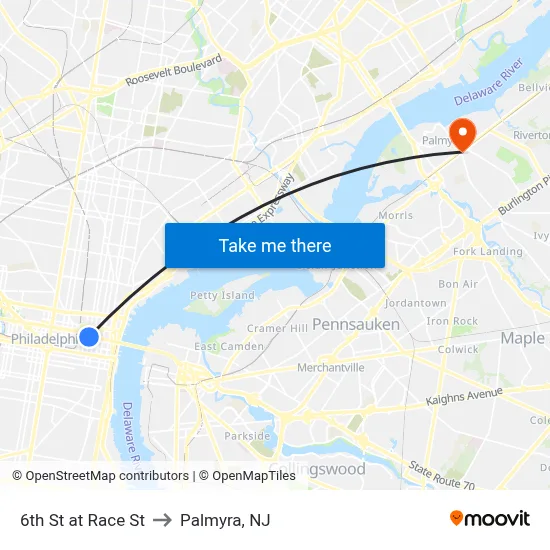 6th St at Race St to Palmyra, NJ map