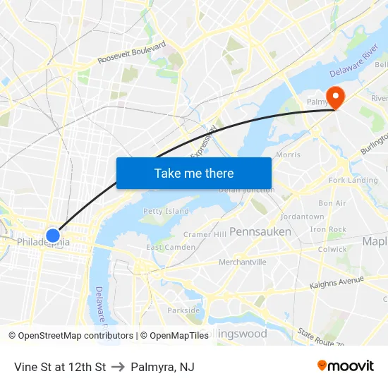 Vine St at 12th St to Palmyra, NJ map