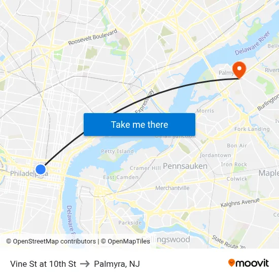 Vine St at 10th St to Palmyra, NJ map