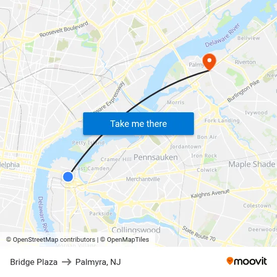 Bridge Plaza to Palmyra, NJ map