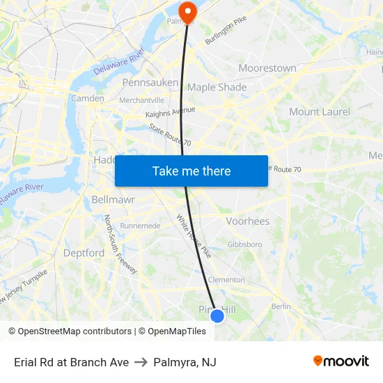 Erial Rd at Branch Ave to Palmyra, NJ map