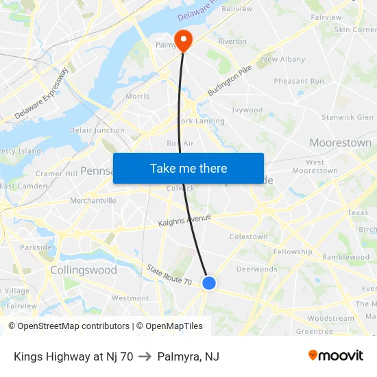 Kings Highway at Nj 70 to Palmyra, NJ map