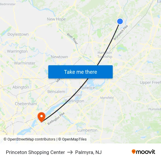 Princeton Shopping Center to Palmyra, NJ map