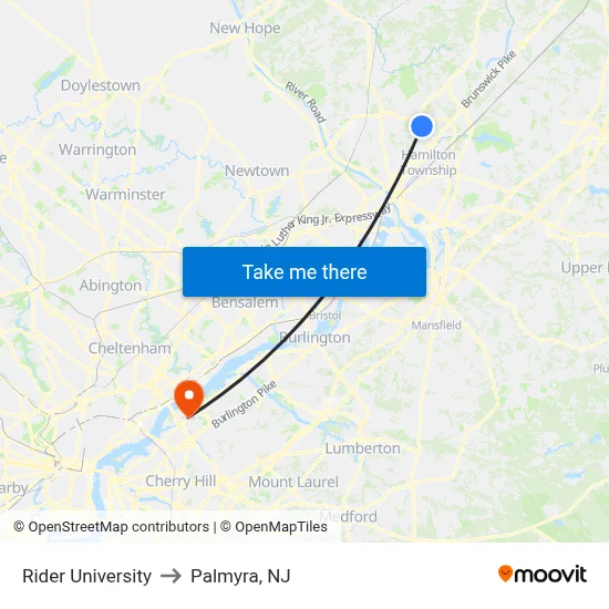 Rider University to Palmyra, NJ map