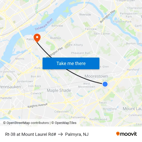 Rt-38 at Mount Laurel Rd# to Palmyra, NJ map
