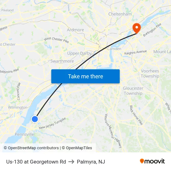 Us-130 at Georgetown Rd to Palmyra, NJ map