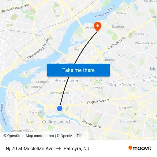 Nj 70 at Mcclellan Ave to Palmyra, NJ map
