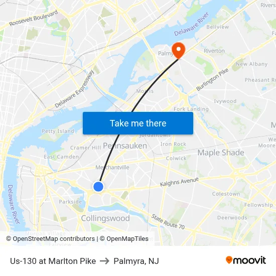 Us-130 at Marlton Pike to Palmyra, NJ map