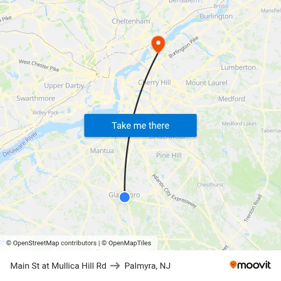 Main St at Mullica Hill Rd to Palmyra, NJ map