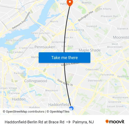 Haddonfield-Berlin Rd at Brace Rd to Palmyra, NJ map