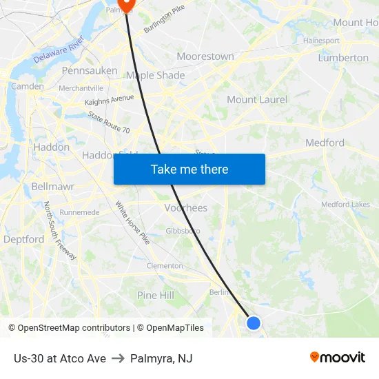 Us-30 at Atco Ave to Palmyra, NJ map