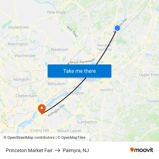 Princeton Market Fair to Palmyra, NJ map