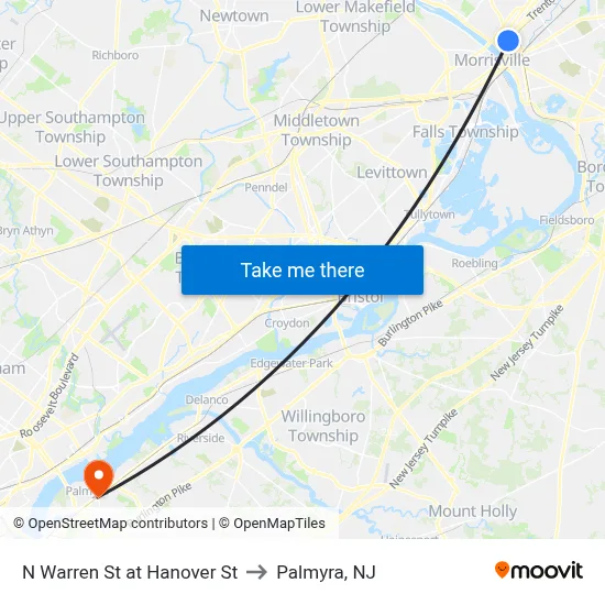 N Warren St at Hanover St to Palmyra, NJ map